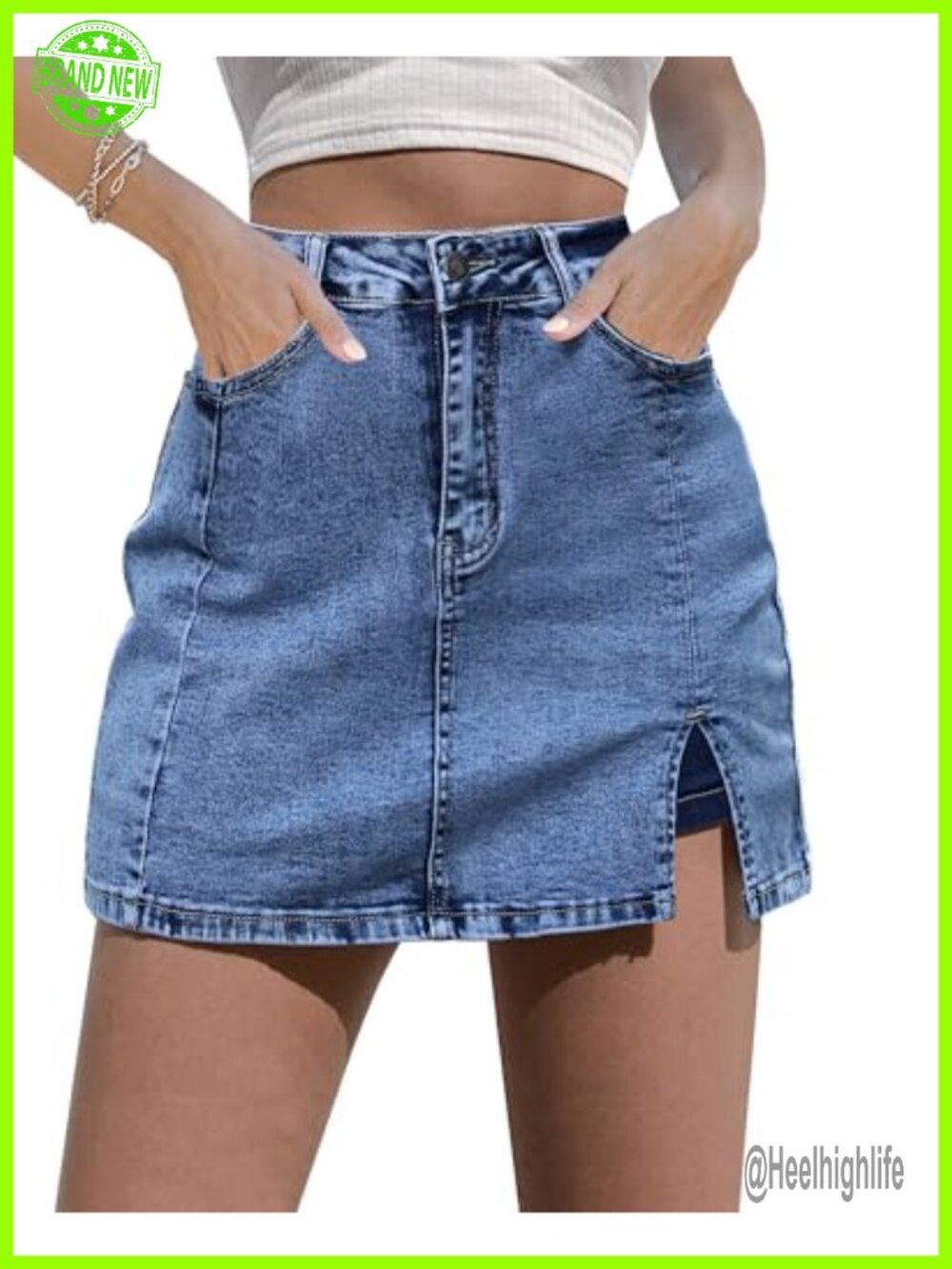 High Waisted Stretchy Denim Jean Skort Mini Skirt Side Slit